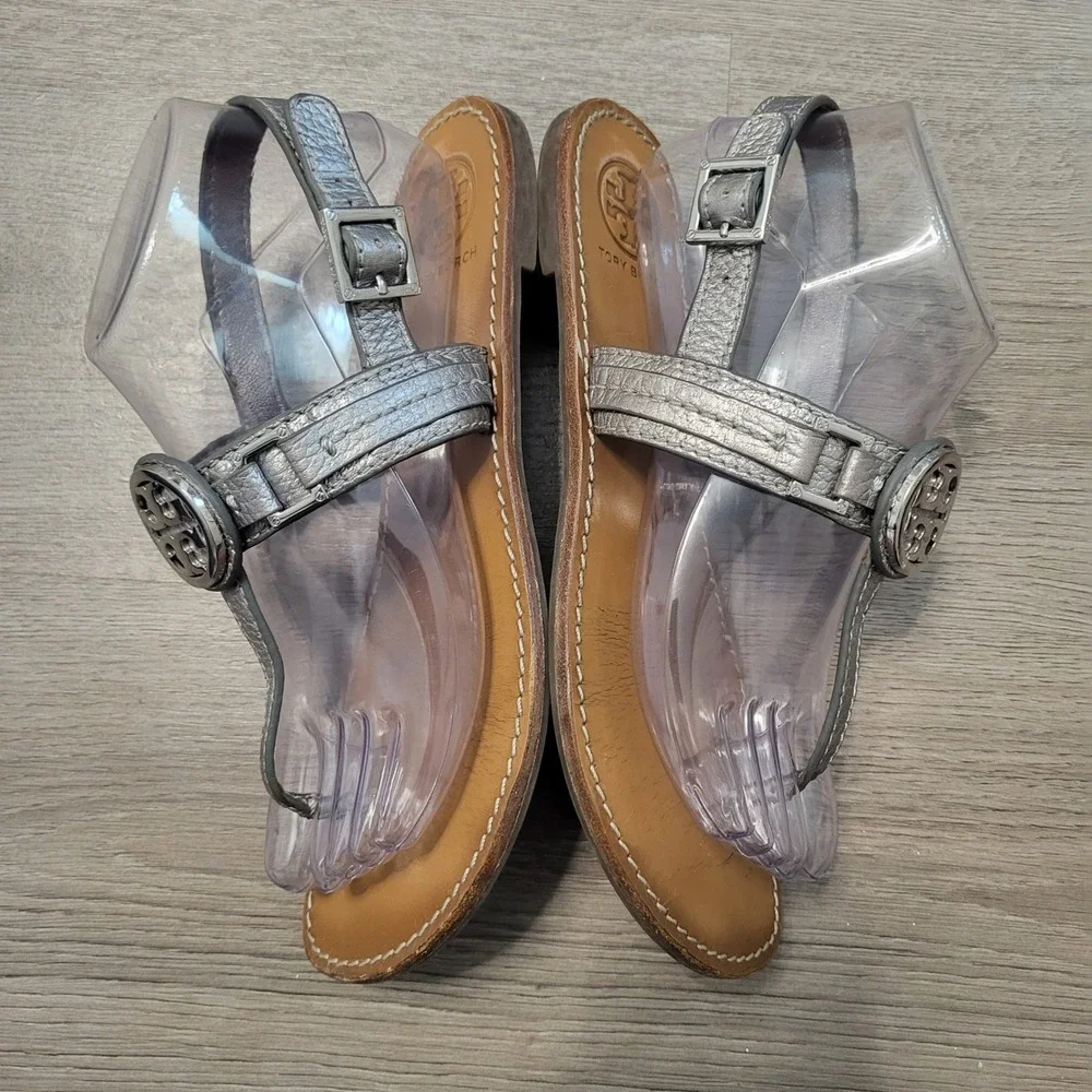 Tory Burch size 8 Metallic Silver Pewter Leather Ankle Strap Sandals Flat Logo